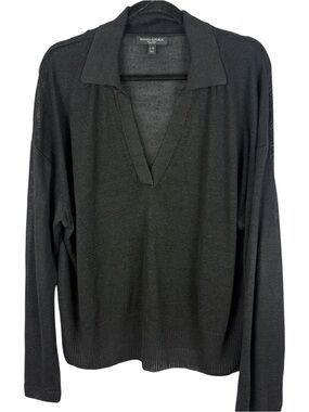 Banana Republic Linen Open V-Neck Johnny Collar Semi-Sheer Sweater Charcoal